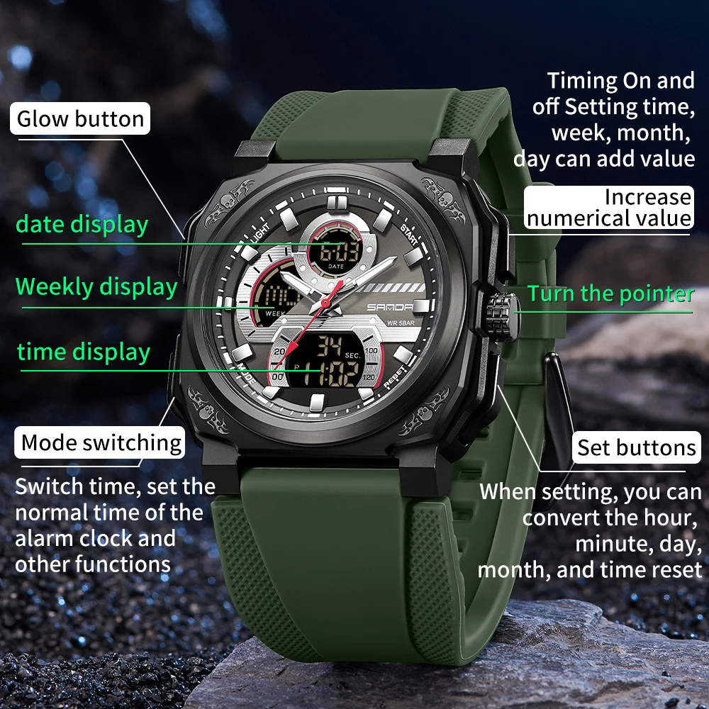 Fashion Sanda 2024 New Military Digital Watches For Men Sports Chronograph Waterproof Big Dial Quartz Clock Men\'s Wrist Watches