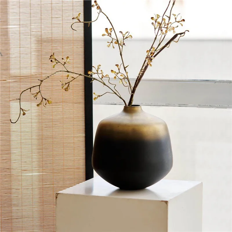Indian vase aluminum gradual change black gold big belly flower,  art retro high-end vase decorative ornament