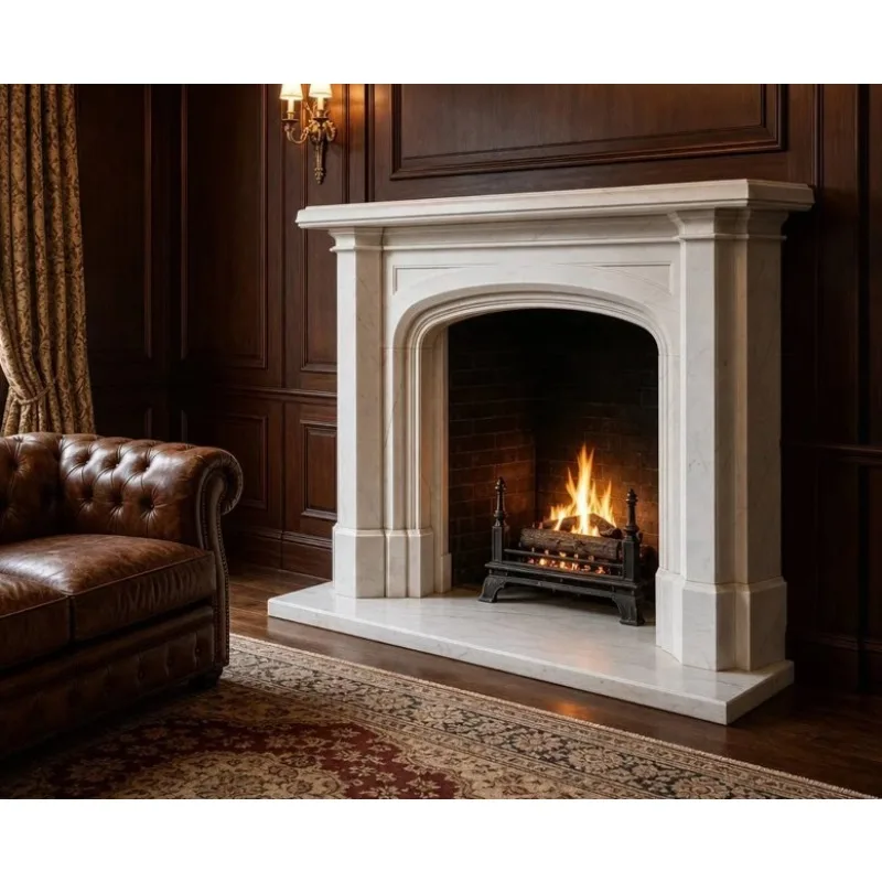 Classical White Marble Fireplace Arched Opening Brick Lined Firebox Design for Study Library Formal Living Room Villa  wjr