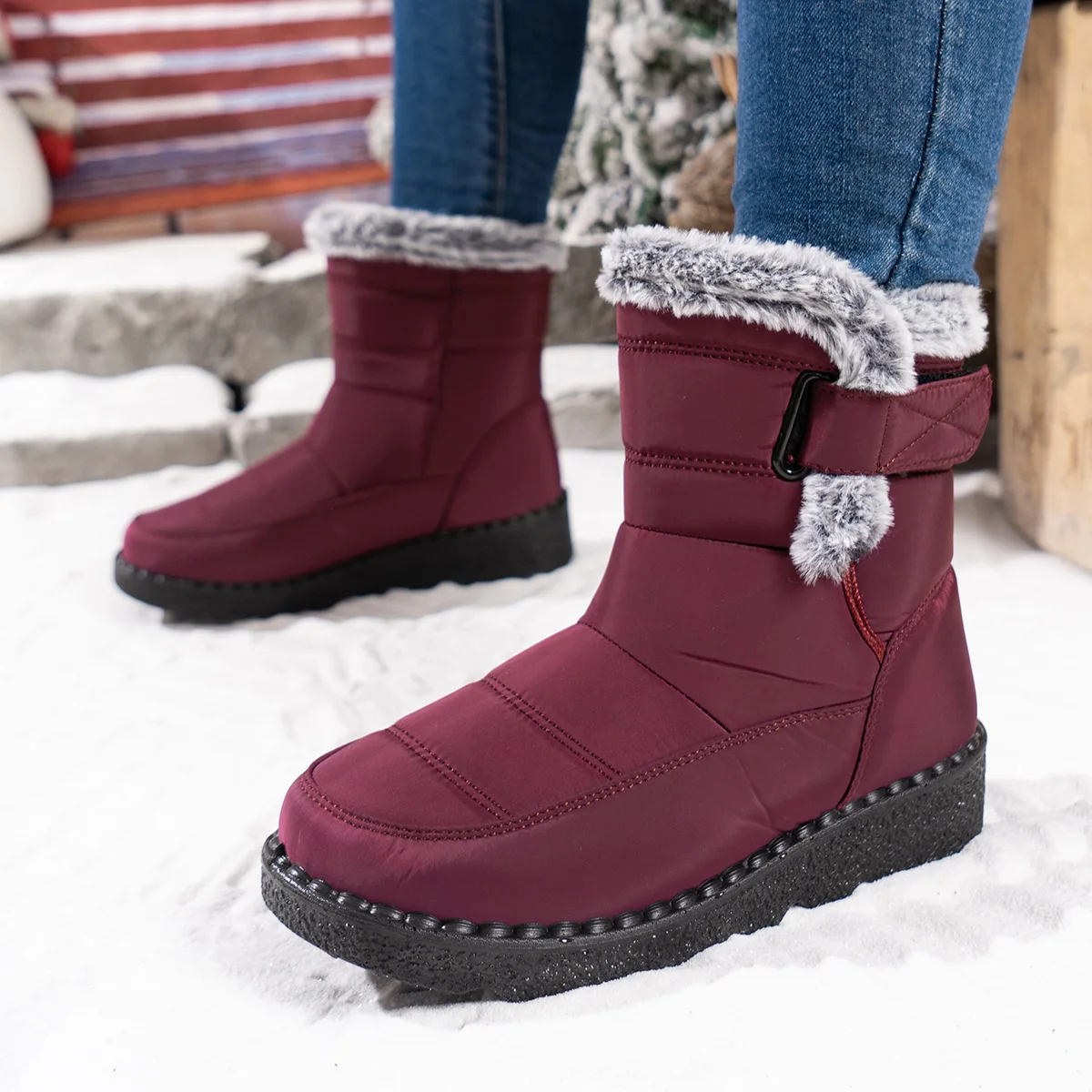 Damen-Winterstiefel bis zur Wadenmitte, wasserdicht, mit Kunstfell gefüttert, mit Klettverschluss, rutschfest, dicke Sohle, warme Outdoor-Stiefel für kaltes Wetter. – Detail 2