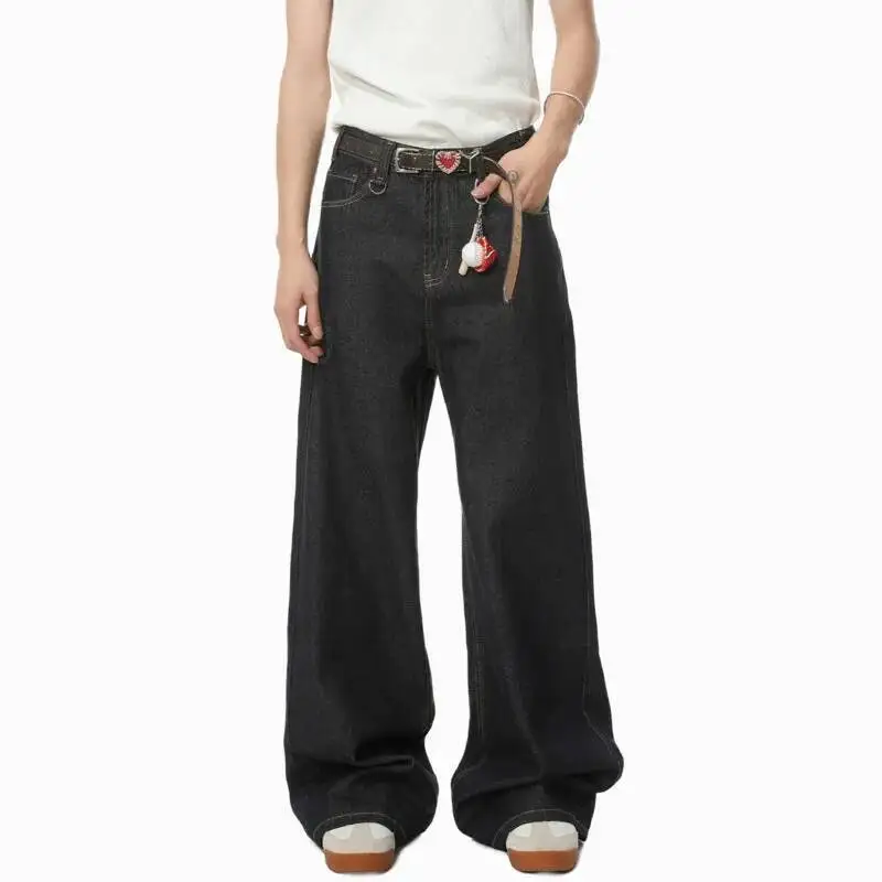 2025年秋 ハイストリート メンズ デニムパンツ 無地 ウォッシュ加工 ルーズ ワイドレッグ トラウザーズ ストレート ルーズ 男性用ジーンズ トレンド