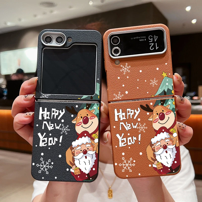 Santa Claus Elk Deer Case For Samsung Galaxy Z Flip 6 5 4 3 Leather Texture Soft Silicone Cover For Samsung Z Flip6 Flip5 Flip4