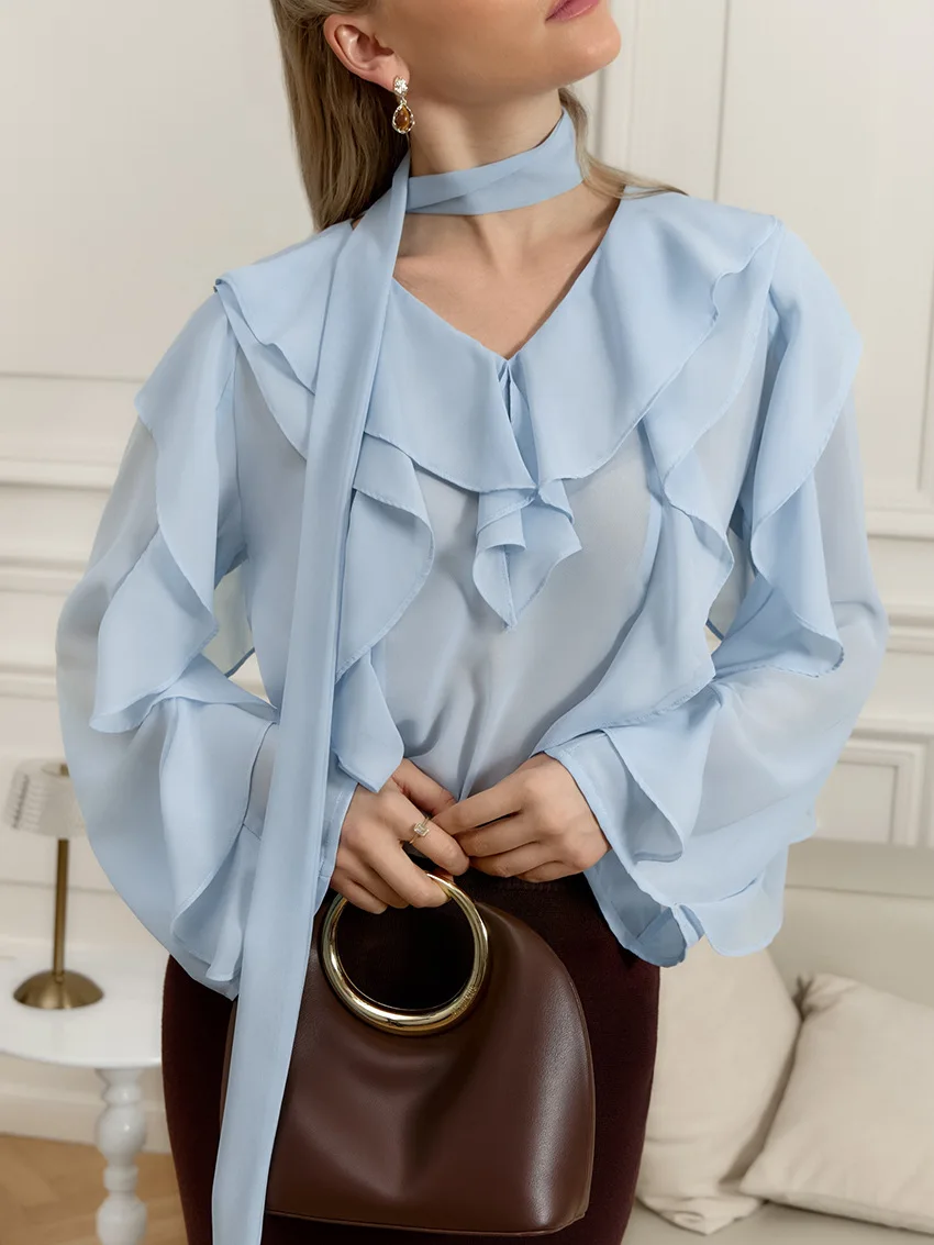 

Spring Autumn 2026 Elegant Blouse Women Chiffon Shirt Tops V-neck Ruffled Ribbon Long Sleeve OL Career Work Wear Female 64076