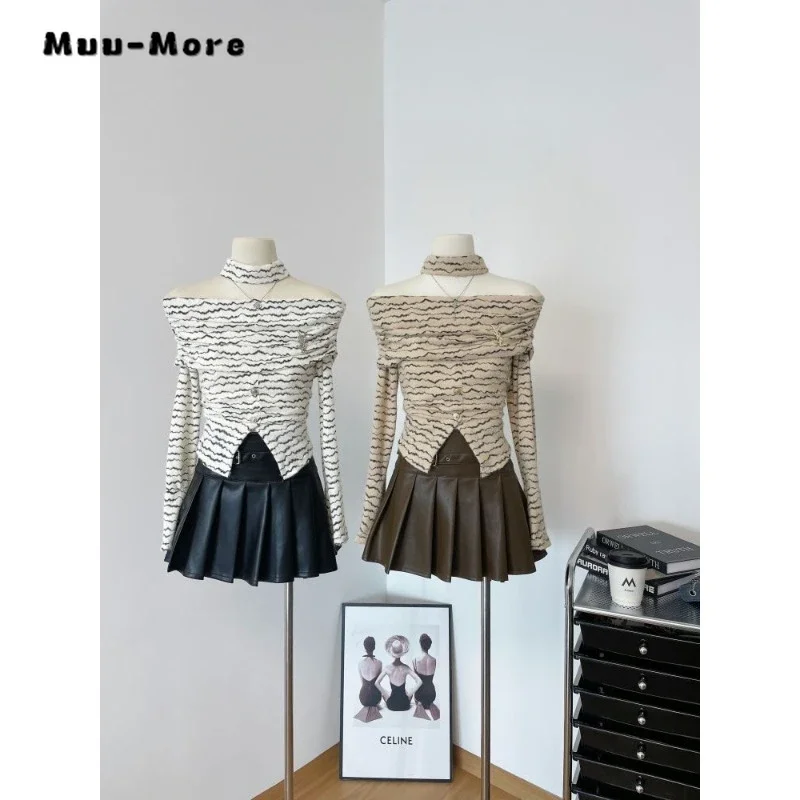 

2023 Winter Hotsweet Casual Slash Neck Jumpers Knitting Long Sleeve Pullovers Women Gyaru Striped Sheath Ladies Sexy Sweater