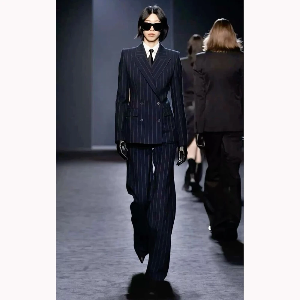 Dark Blue Stripes Women Suit Customized Double-breasted Peak Lapel Two Pieces(Jacket+Pants) Business Office Lady Competent Set