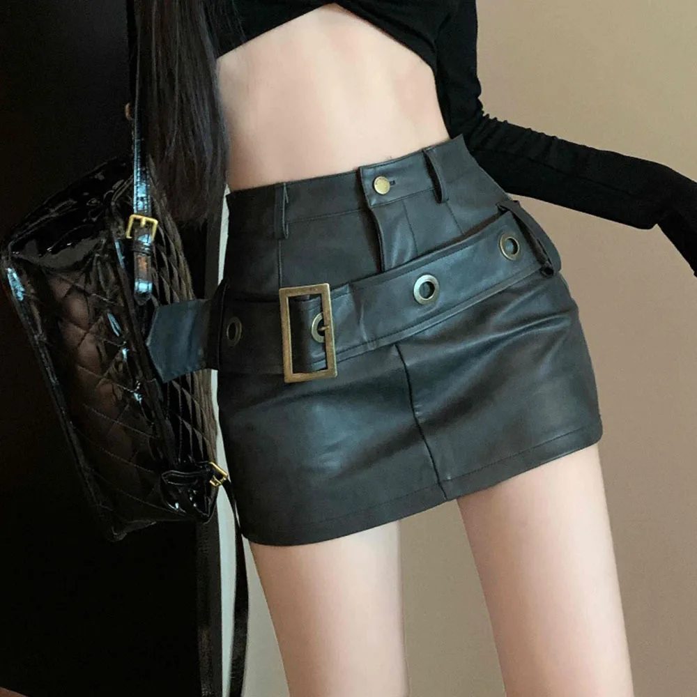 2025 Purple Skirt Retro Brown Pu Leather Bodycon Skirts Women New Spice Girl A-word Skirt Tight Hip-wrapped Mini Faux Leather