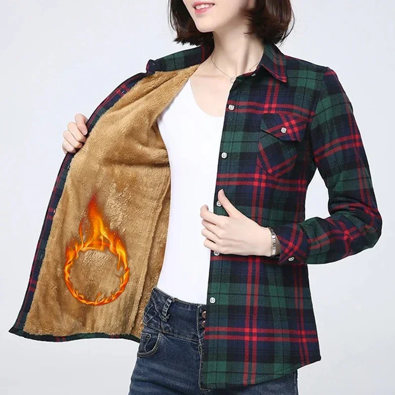 Womens Winter Fleece Plaid Shirt Vintage Thick Warm Blouse Elegant Office Lady Casual Velvet Jacket Tops Button Down Slim Shirts