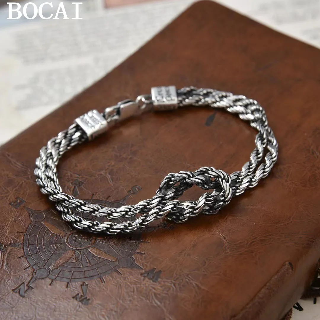 

BOCAI NEW S925 Silver Vintage Personality Woven Hemp Rope Bracelet