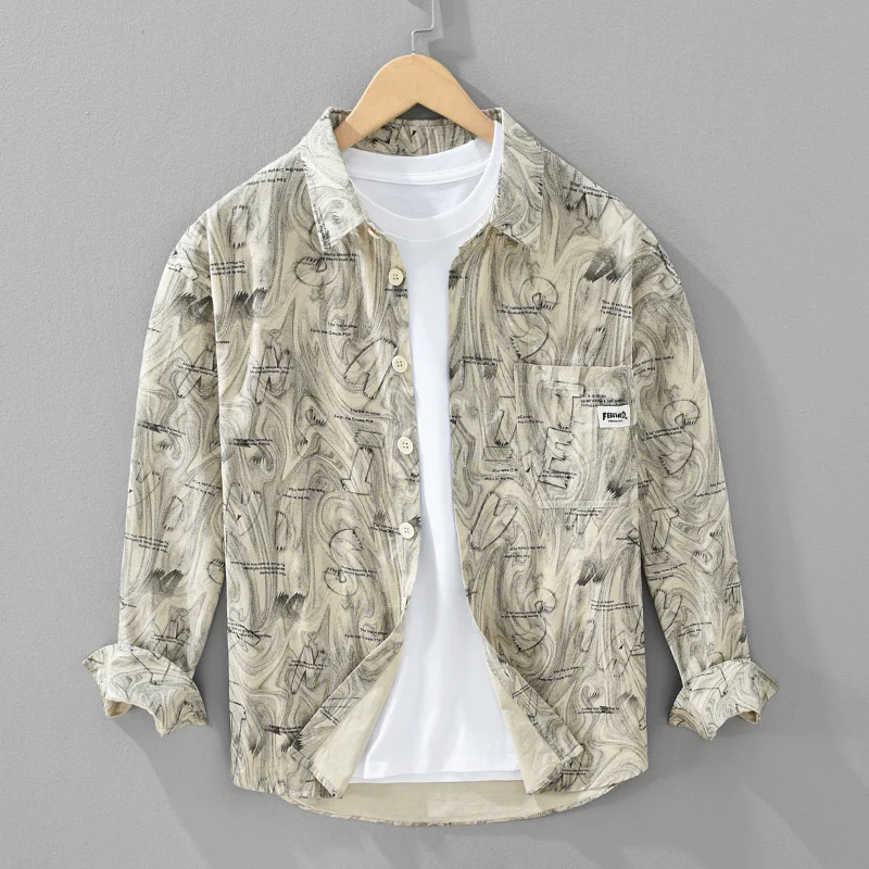 

Men's Cotton Long Sleeve Printed Shirt Breathable Comfortable American Graffiti Letter Print Spring Autumn Versatile Casual S...