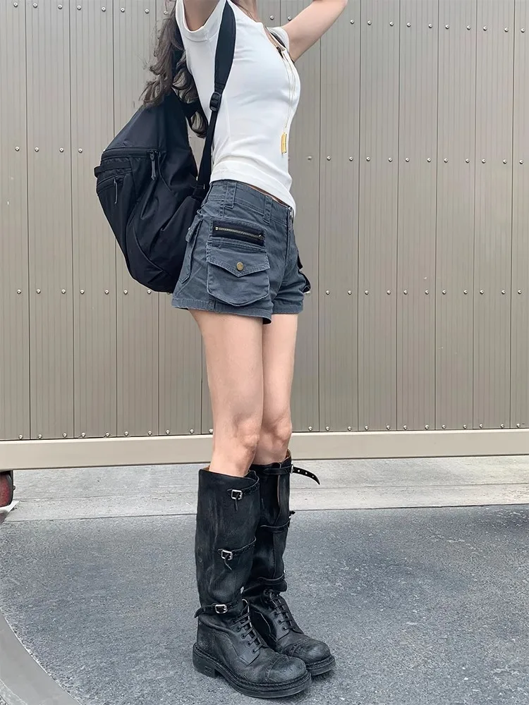 레다치 아큐비 패션 로우 웨이스트 데님 반바지 신상 트렌디 그레이 캐주얼 카고 포켓 타이트 부티 팬츠 핫 썸머 여성 워크웨어