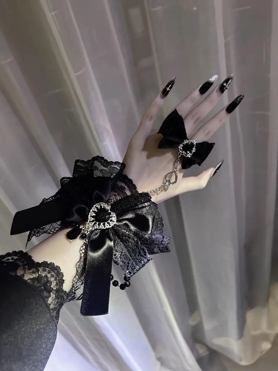 New Original Handmade Subculture Cute Bowknot Diamond Chain Lolita Gothic Lace Bow Wrist Sleeve Y2K Girl Hand Back Chain