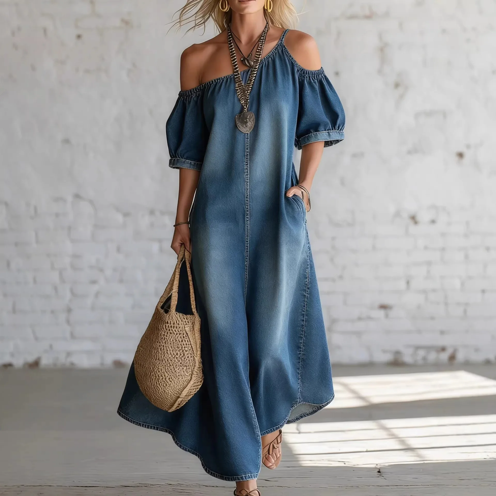 

Vintage Denim Maxi Dress for Women Off The Shoulder Short Sleeve Dress Fashion Pocket Loose Hem Slit Jean Long Dresses