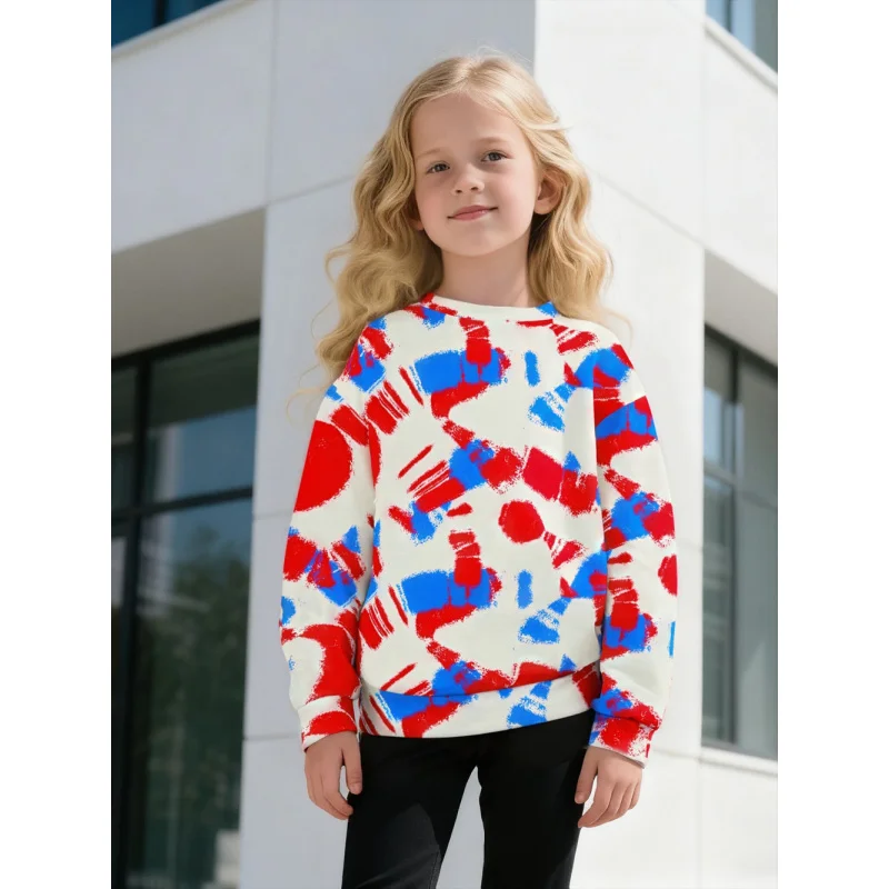 سويت شيرت كاجوال للأطفال موديل 2025 برقبة دائرية - قميص بأكمام طويلة مطبوع عليه رسومات فنية تجريدية باللونين الأحمر والأزرق للفتيات والفتيان #1