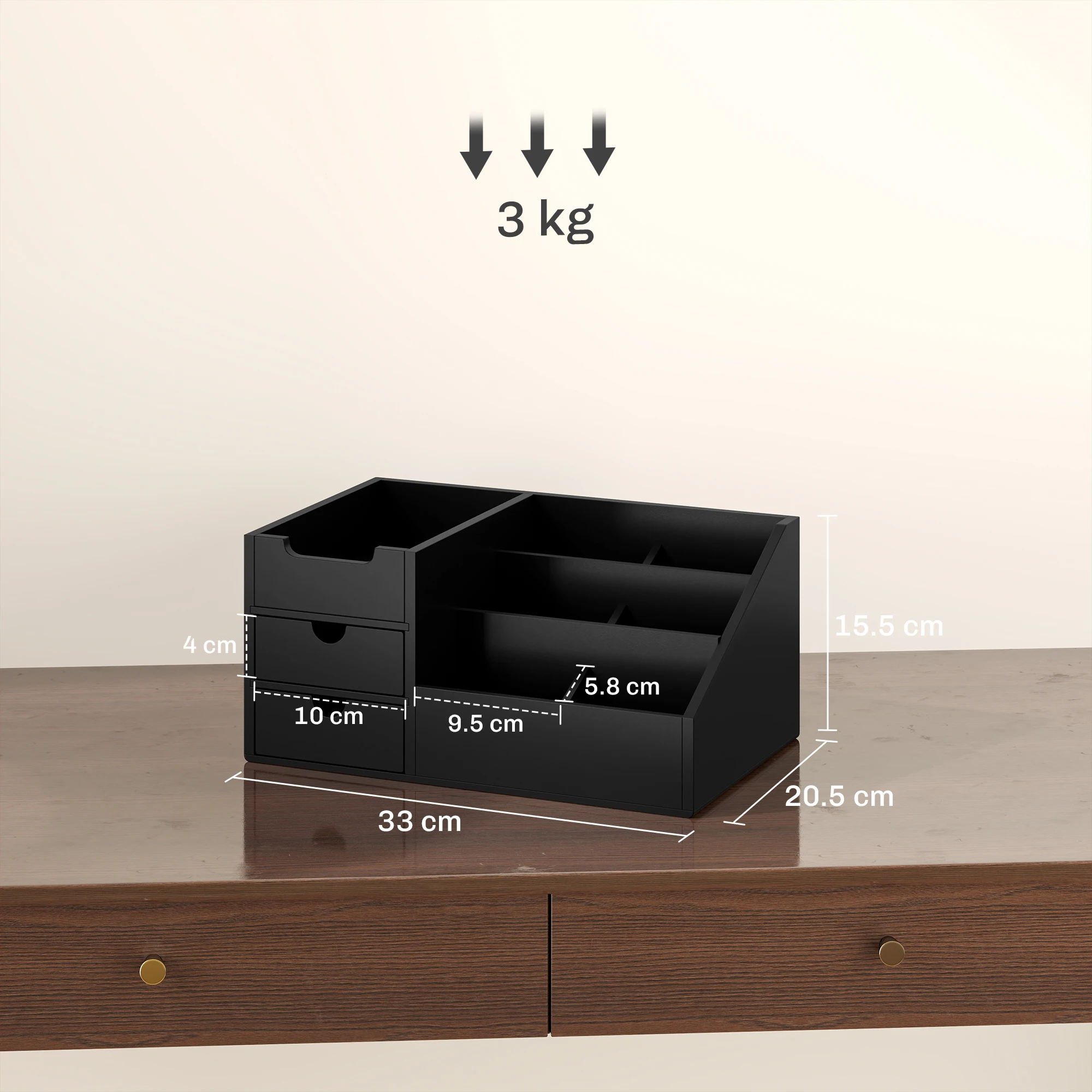Bedside storage box with 7 storage compartments and 2 drawers for storing home office stationery, black