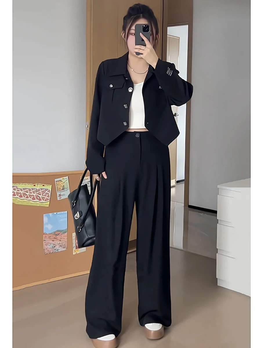 

Женский костюм больших размеров или Jaet + широкие брюки, весенний комплект для похудения с мясным покрытием, нерегулярный воротник, комплект для поездок на работу