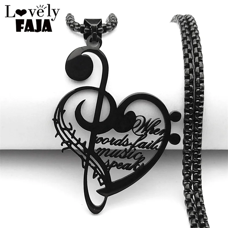 Hollow Music Note Necklace Love Heart Letter Pendant Chain Stainless Steel Black Color for Women Men Hip Hop Chain Jewelry Gift