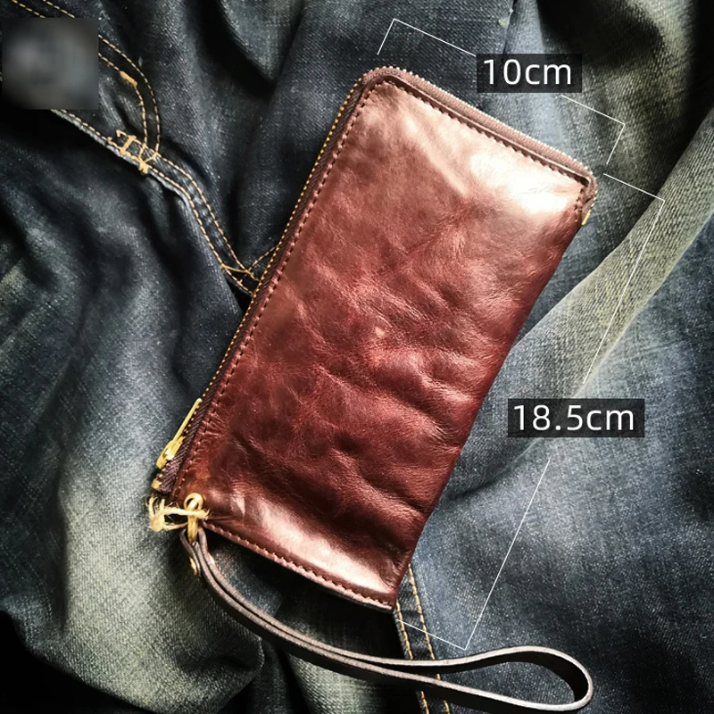 AETOO  Vertical zipper leather purse men's head layer cowhide thin style retro casual do old fold youth long style clutch bag