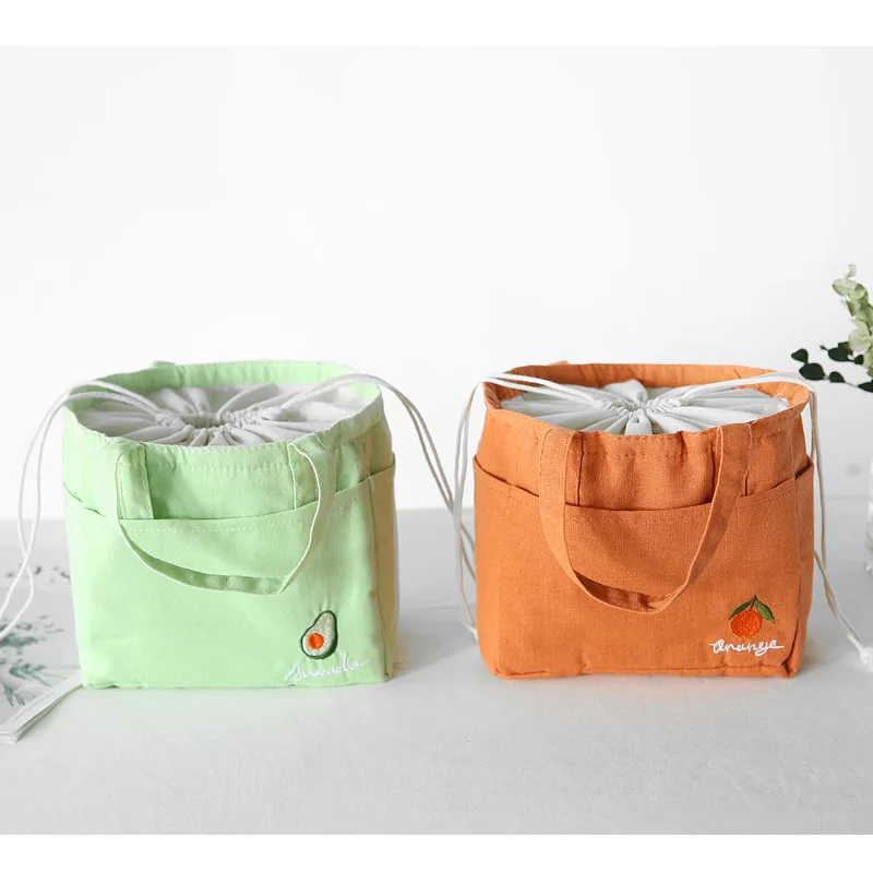 Japanese Cute Drawstring Pocket Stitch Thermal Lunch Bag for Kids Fruit Embroidery Handbags Portable Lunch Box ToteBags