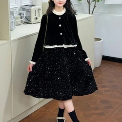 Girl's sequined velvet dress black fashionable high-end temperament girl fake two pieces Spring and Autumn Winter Festival party