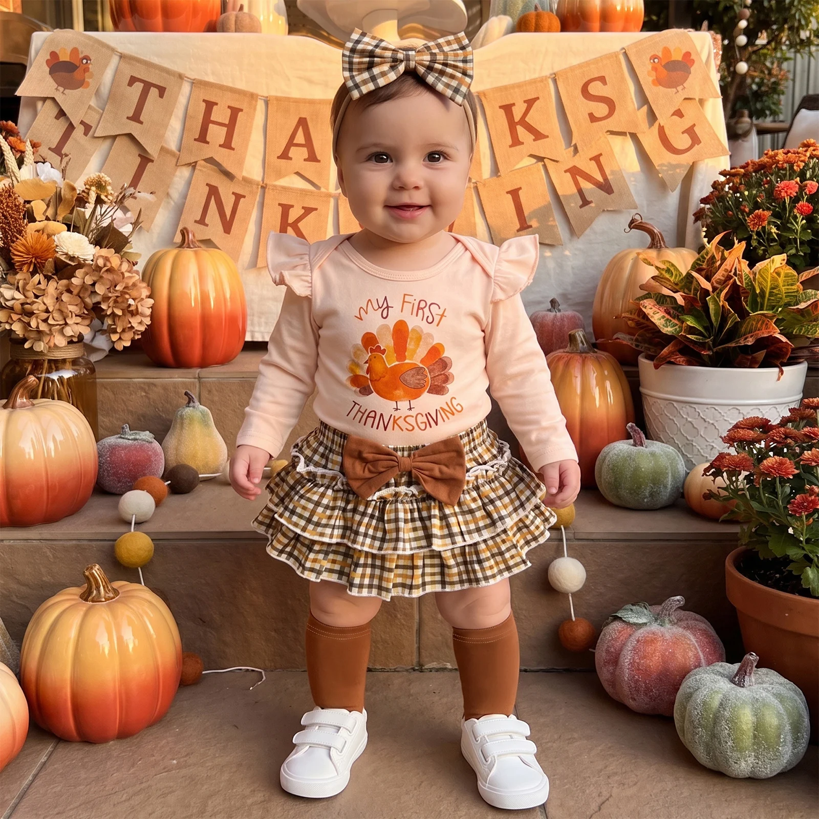 3pcs Set Baby Girls Thanksgiving Outfit Turkey Romper and Plaid Skirt Headband Socks Thanksgiving Day Costume
