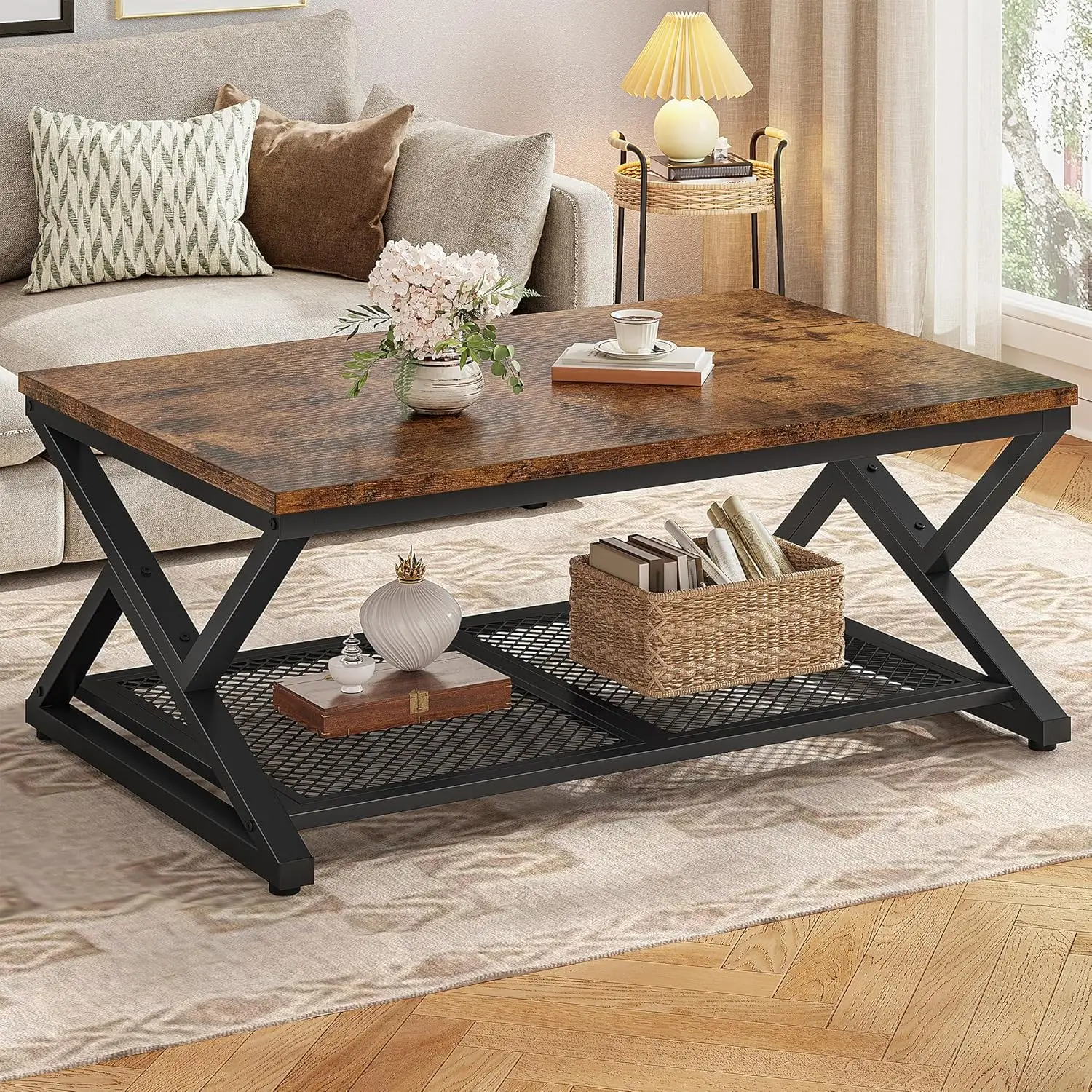 

Coffee TablesCoffee Table With Storage, Modern Coffee Tables For Living Room With Mesh Shelf, 2 Tier Rectangular Center Table Fo