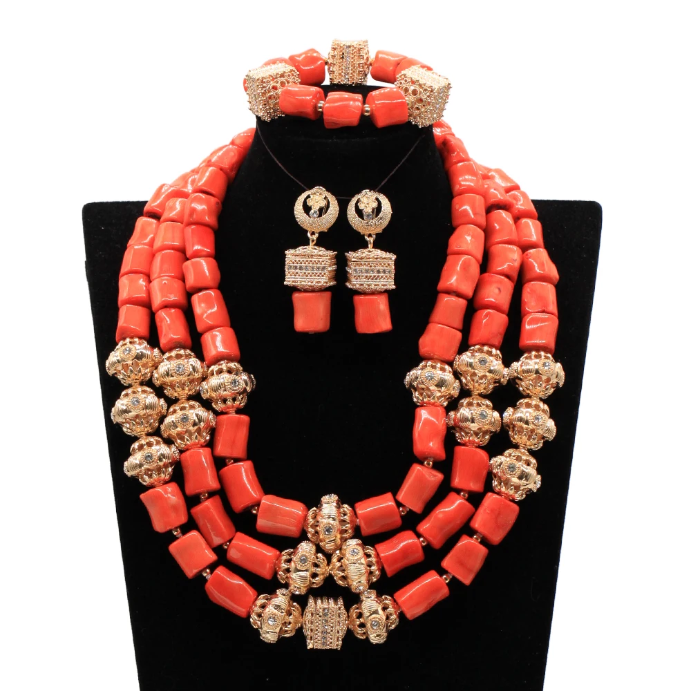 

Nigerian Wedding Jewelry Set Luxury 3 Layers Real African Coral Beads Jewelry Set for Brides Women Party Jewelry ABG068