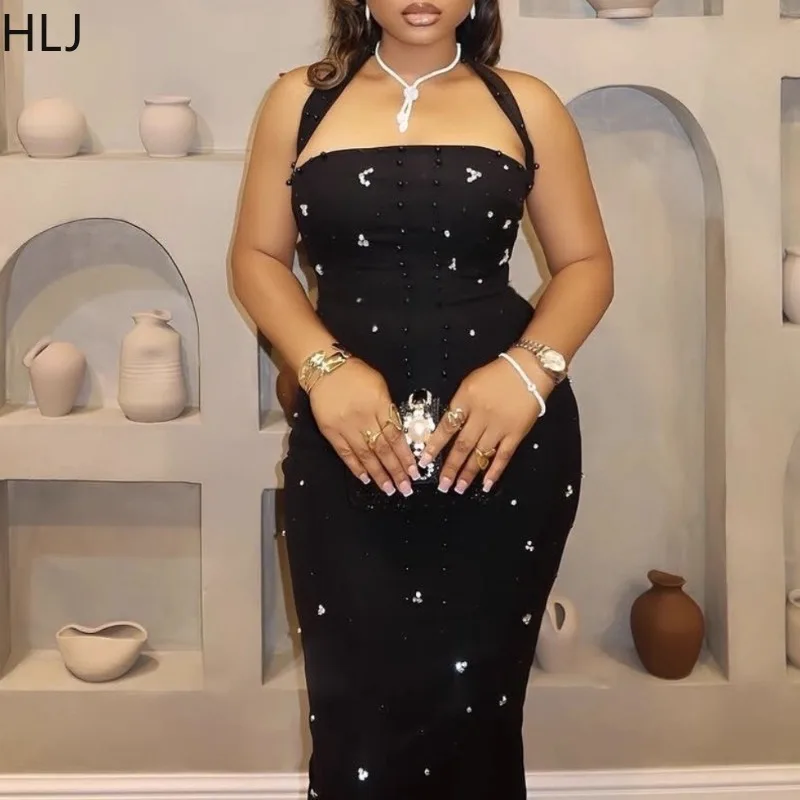 HLJ مثير اللؤلؤ حجر الراين المرقعة Bodycon فساتين طويلة امرأة الرسن عارية الذراعين الطباعة فساتين الإناث نادي الحفلات Vestidos