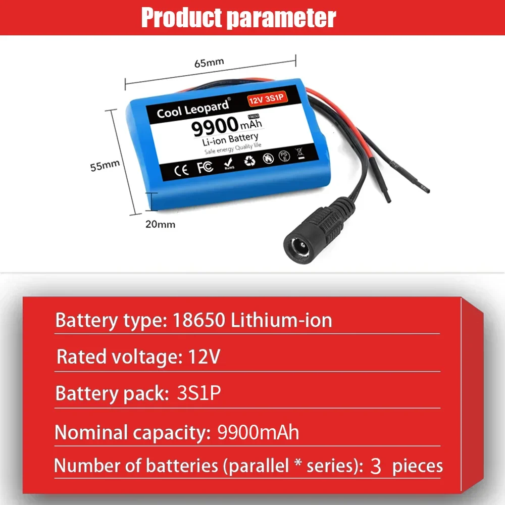 New 3S1P Protection Plate 12V 9.9Ah Battery Pack 12V 9900mAh 18650 Lithium ion DC 12.6V Super Rechargeable Battery + Charger