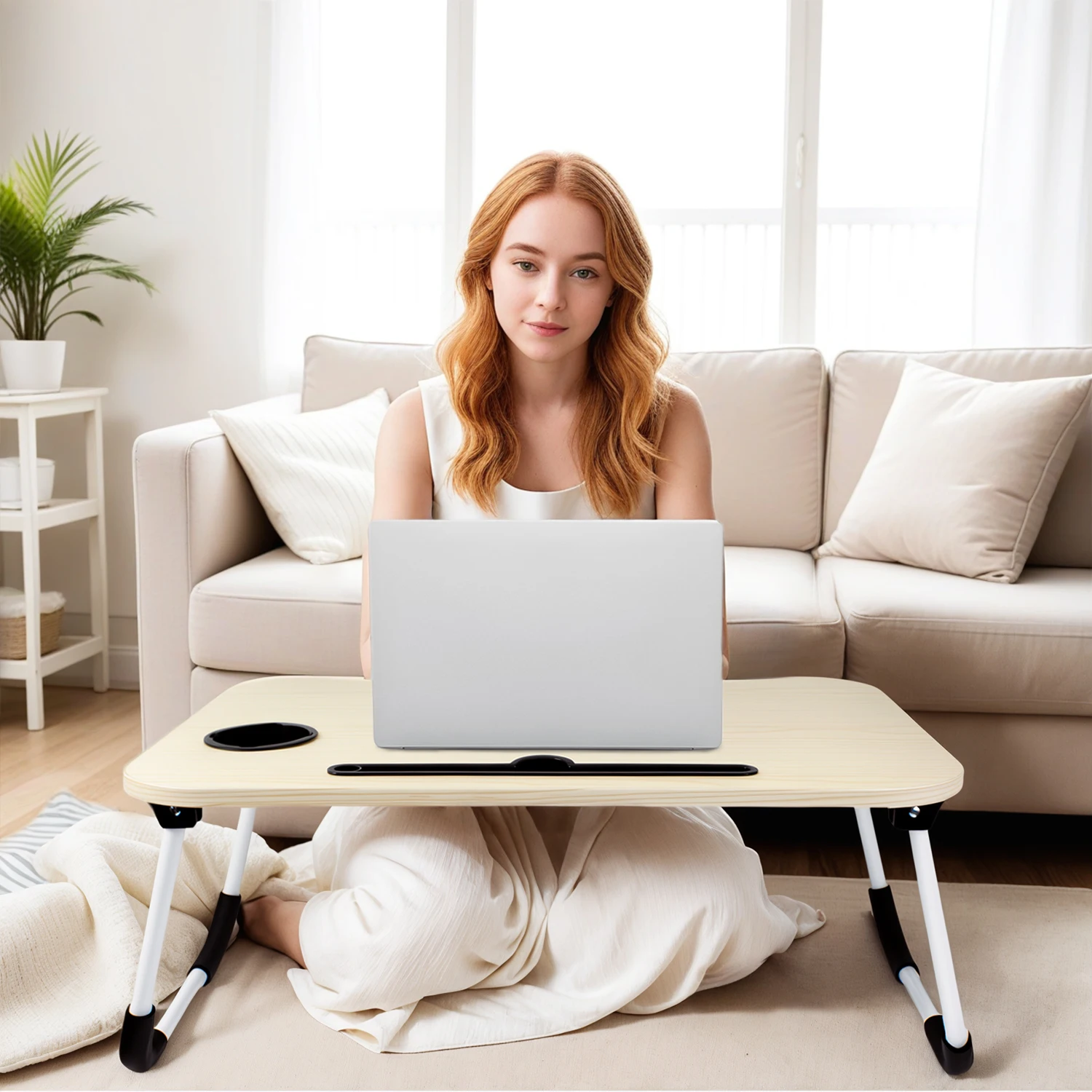 Foldable Laptop Bed Desk, Portable Study Table with Cup Holder and Tablet Slot, Multifunctional Breakfast Tray for Sofa, Floor
