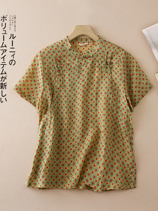 

Retro Polka Dot Linen ort Sve irt Women's New Chinese Sle Zen Mind Side Button Cotton Linen Tea Costume Top