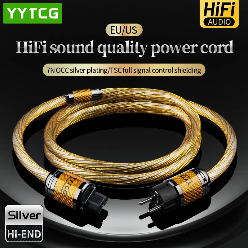 YYTCG High-end OCC Silver plated AC Power cord Hi-fi audio Power cord Pure copper power cord with EU/US power plug connector