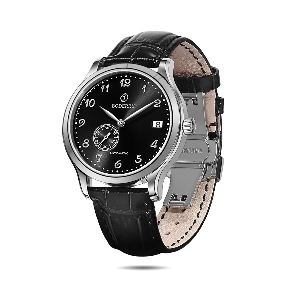 BODERRY, relojes de lujo para hombre, reloj automático, reloj de pulsera mecánico, resistente al agua hasta 50m, correa de cuero con espejo de zafiro, Rotor pequeño