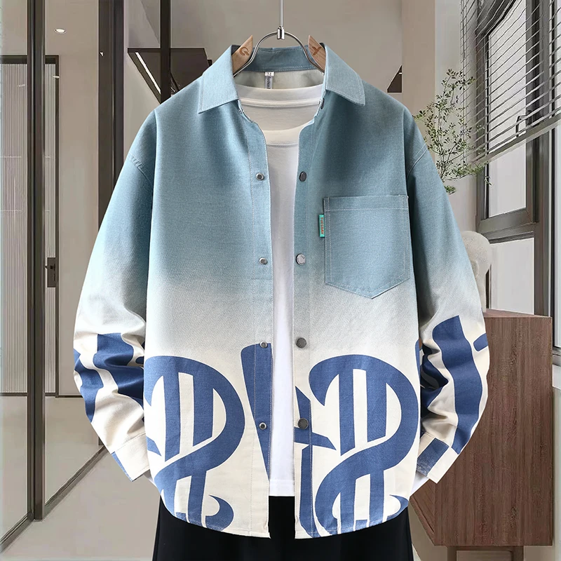 

2026 Spring Gradient Printed Long Sleeved Shirt Men Youth Casual Loose Shirts Cotton Versatile Breathable Streetwear Clothing