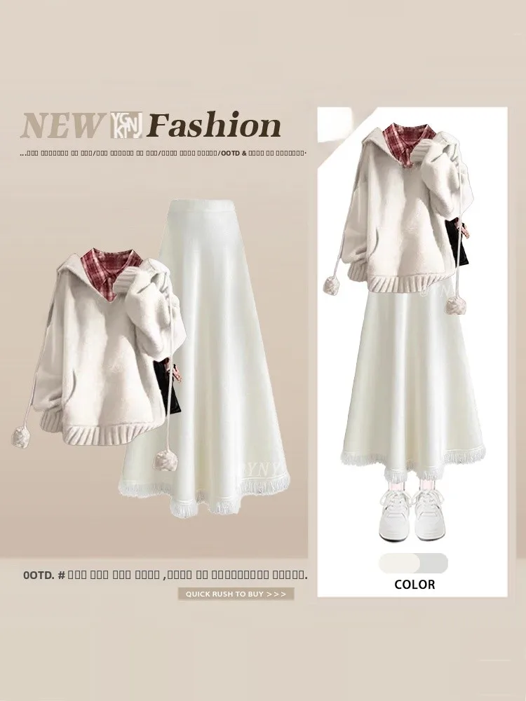 

Sweet Knitted Sweater Plaid irt Tassel Skirt Tee-Piece Set Women Winter Faion Casual Sle Brand gujie