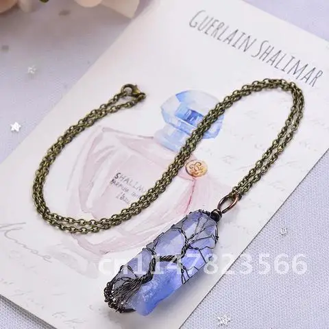 Natural Aquamarine Crystal Tree Of Life Pendant Bronze Necklace Embellish Healing Energy Stone  For Girl Increase Charm Gift 1PC