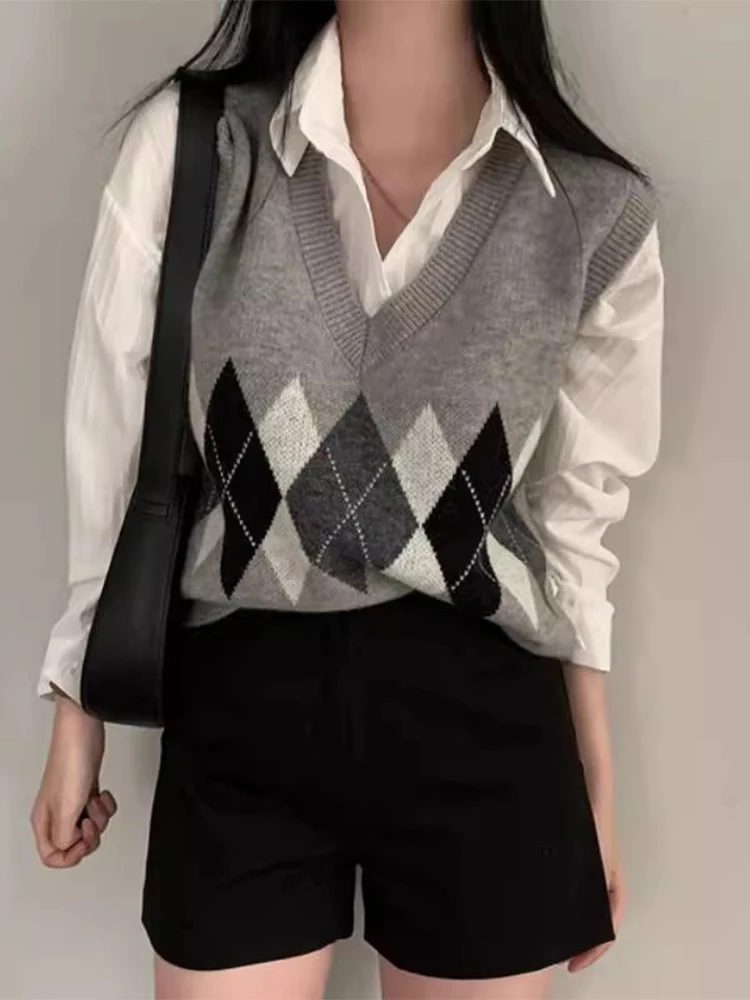 

Chic V-Ne Knitted Sweater Vest Soft Cozy Autumn New Sle Women's Faion Layering College Sle Diamond Pattern Long Sve
