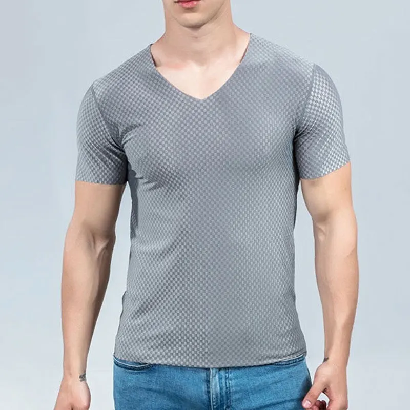 Men Ice Silk Seamless Vest Tank Tops Short Sleeves Thin Elastic Undershirt Male Body Building Fitness Plaid Underwear T-Shirt