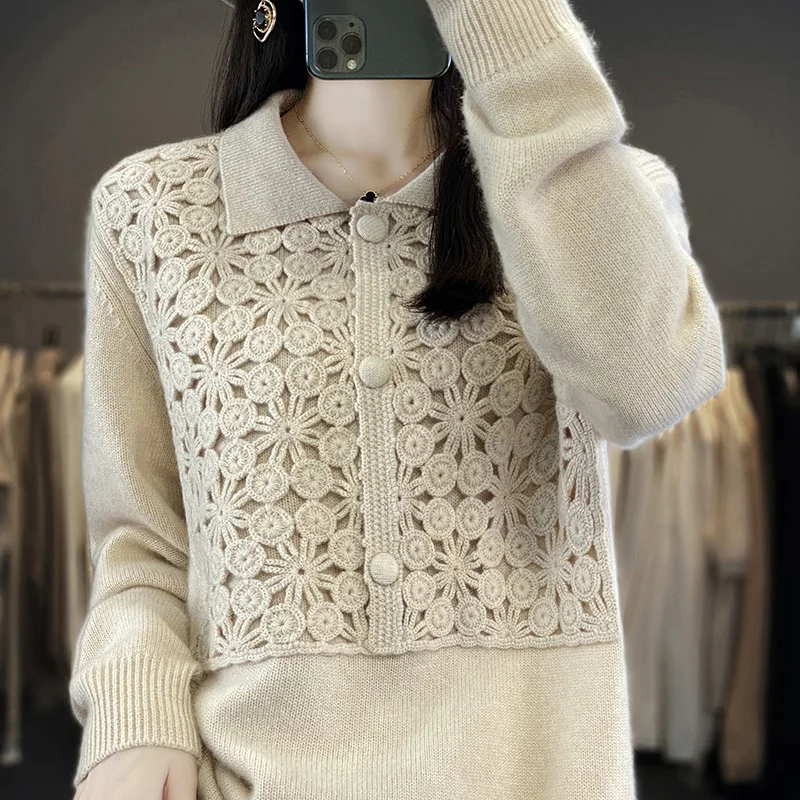 Heavy Cashmere Sweater for Women, 100% Cashmere, Solid Color, Loose Wool Knit Bottoming, Polo Lapel, Thick Sweater