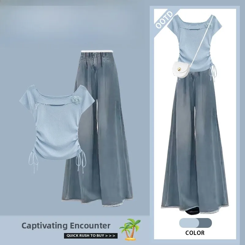 여성용 패셔너블 2025 신상 오르트 스웨이드 스트링 탑과 슬리밍 진 투피스 세트 클레테 앙상 폴리에스터 섬유