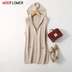 Women Natural Silk with Cashmere Blend Long Type Hooded Vest Cardigan Pocket Top 2022 Fall Winter Warm Sweater LY032