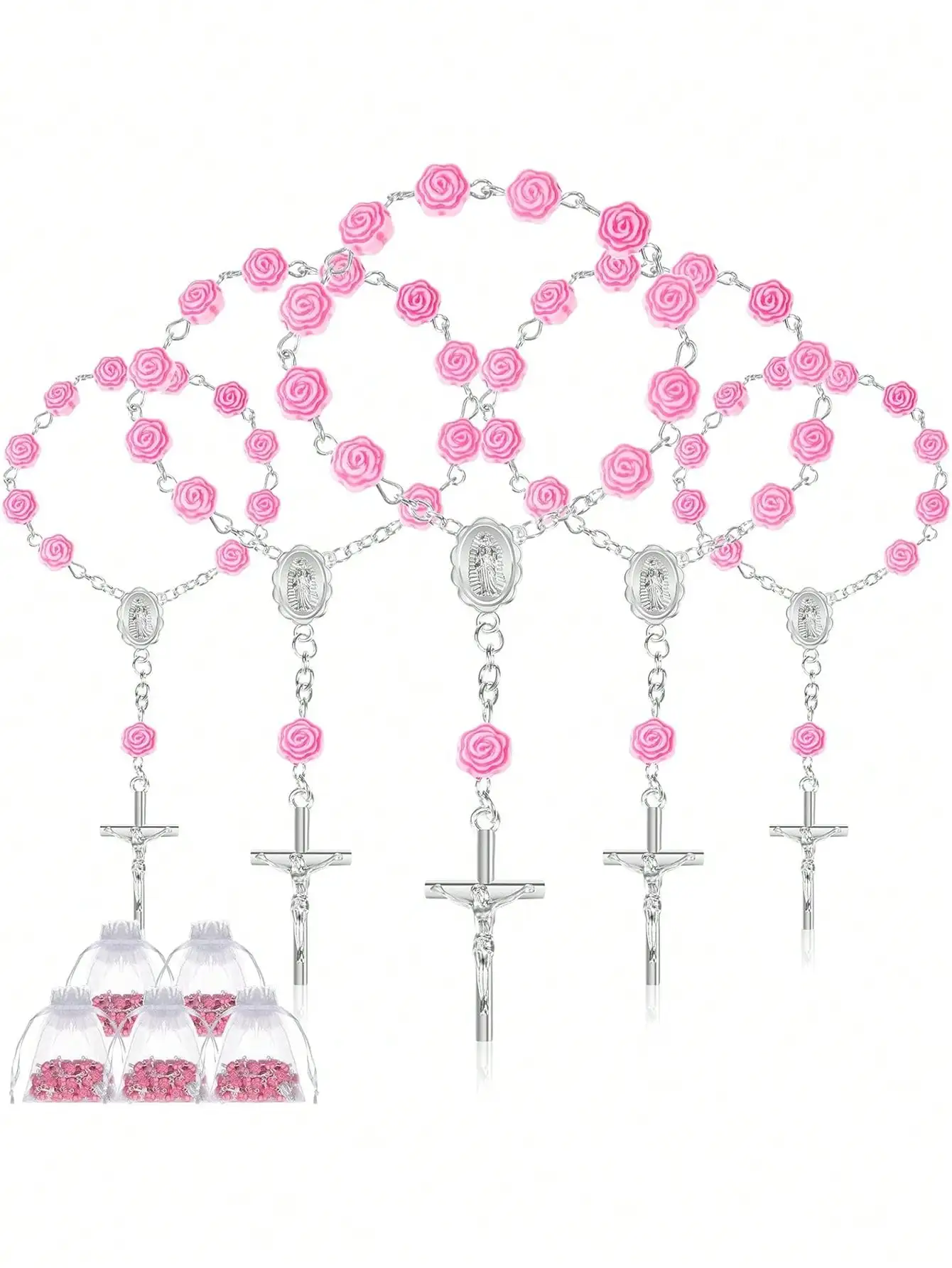 Rosario Rosa 2026 con Cruz Colgante, Recuerdo de Bautizo, Boda, Primera Comunión, Regalo Católico Cristiano, Decoración para Fiesta Religiosa