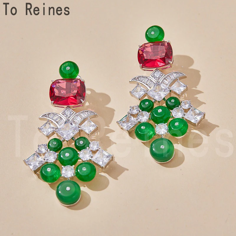 

To Reines Red Diamond Earrings Plated With White Gold Green Agate Women's Premium Eardrop Delicate Unique design Girlfriend gift