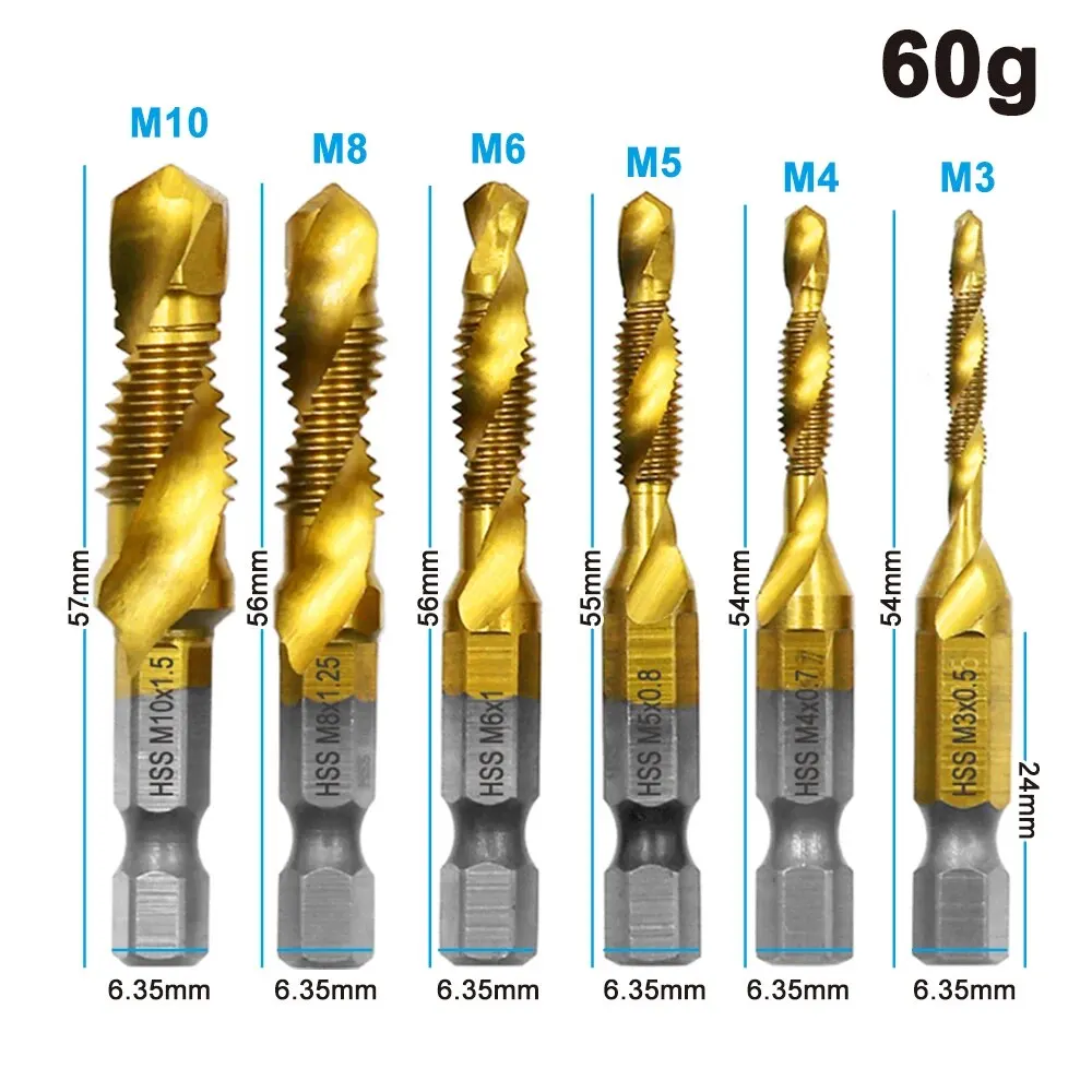 6pc High-speed Steel 4341 Titanium Plated Composite Tap Drill and Tap Integrated Machine Tap Open and Chamfer Tool Set