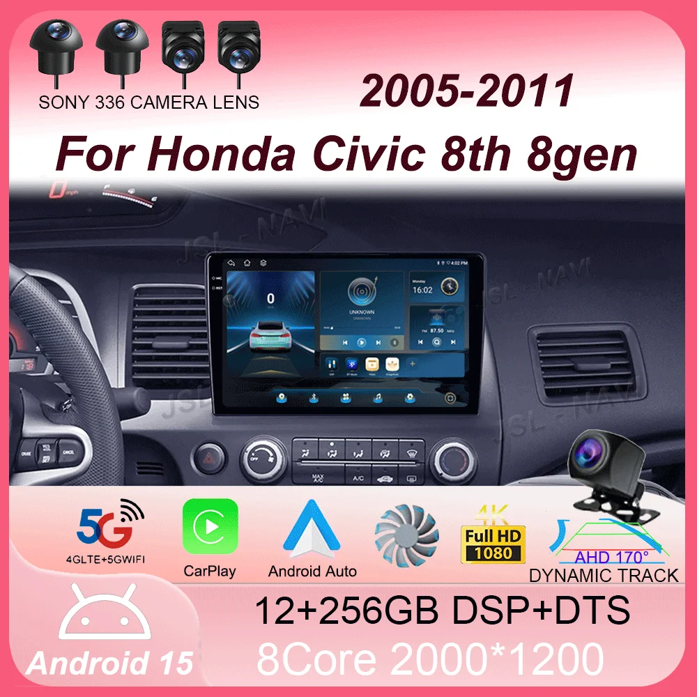 

Car stereo radio Android 15 For Honda Civic 8th 8gen 2005 2006 2007 2008 2009 2010 2011 multimedia wireless carplay android auto