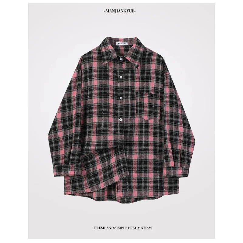 

Женская клетчатая куртка Ladd, весна-осень 2021, американская свободная рубашка средней длины в стиле ретро