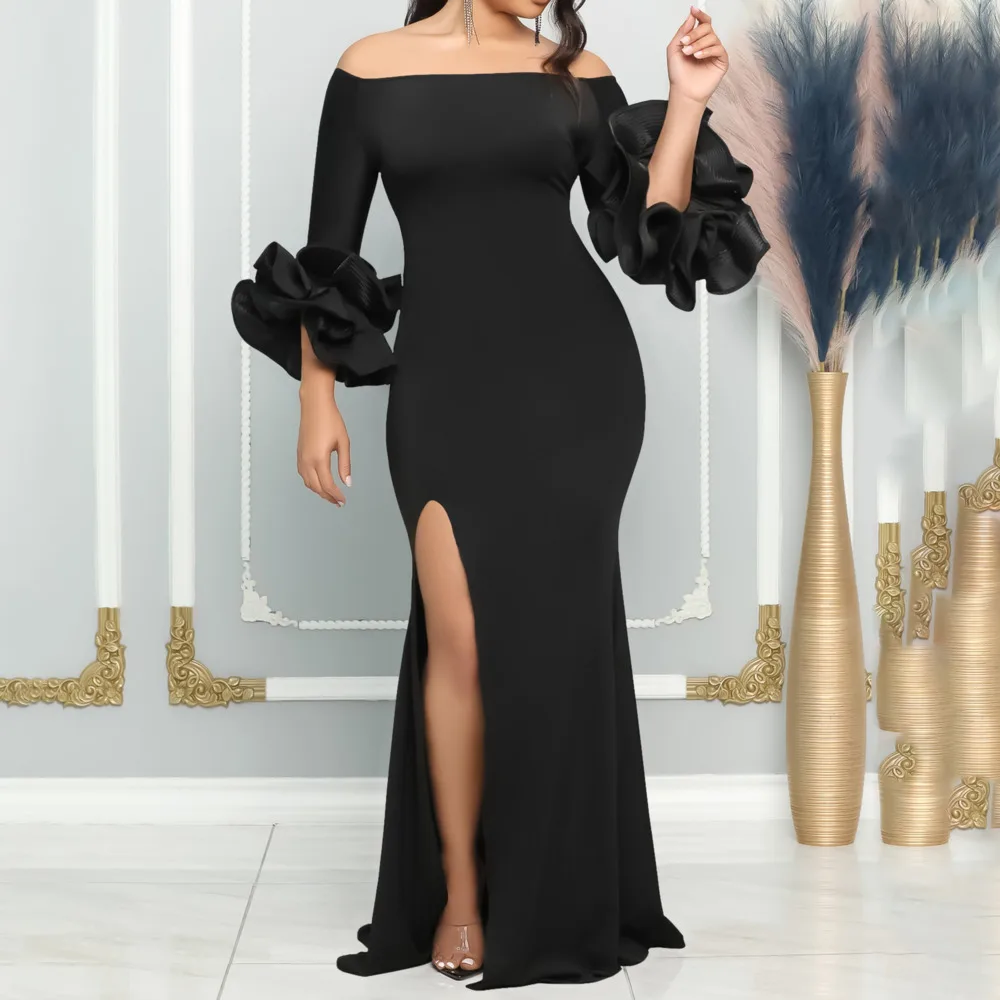 Women's Spring One Line Neck Sexy Split Lotus Leaf Sleep Long Dress Banquet Party Evening Dress Solid Color Woman Clothing