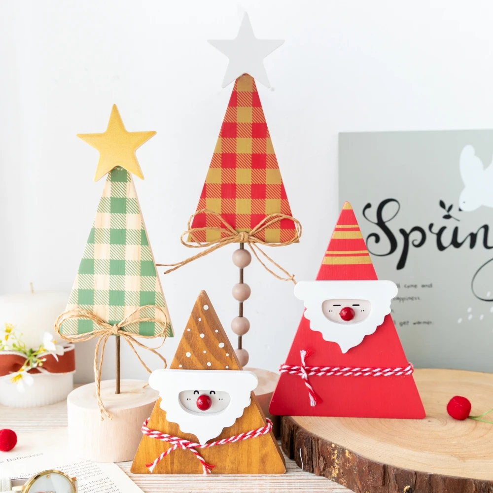 2pcs Wooden Triangular Santa Claus Mini Christmas Tree Collectible Figurine Ornaments Christmas Decorations Holiday Home Decor