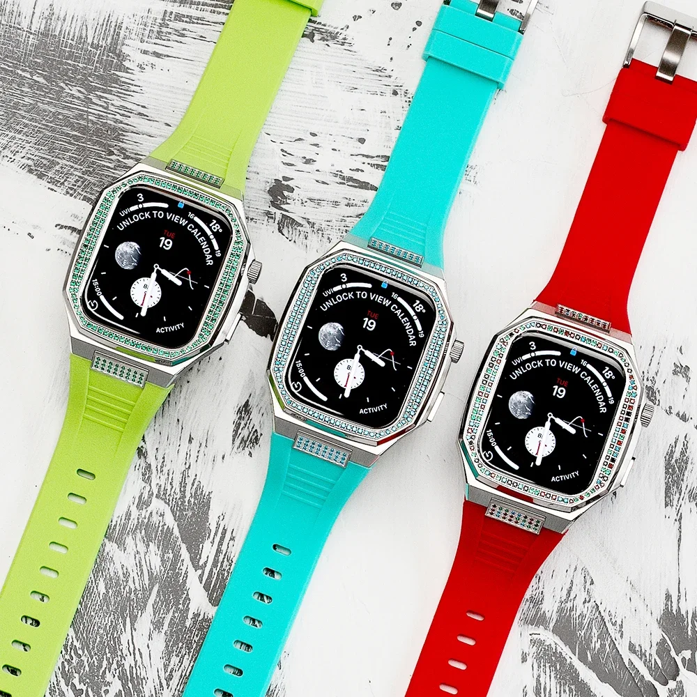 

For Apple Watch Series 9 Retrofit Kit Rubber Strap IWatch 87654 SE 45MM 44MM New Luxury Stainless Steel Diamond Metal Case