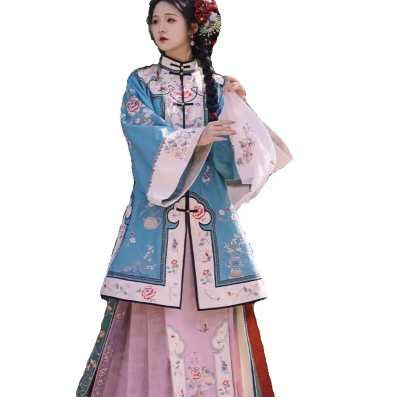 Roupa bordada Qing Dynasty Manchu e Han, fato de duas peças, traje antigo, longo Placket, estilo étnico, novo, chinês