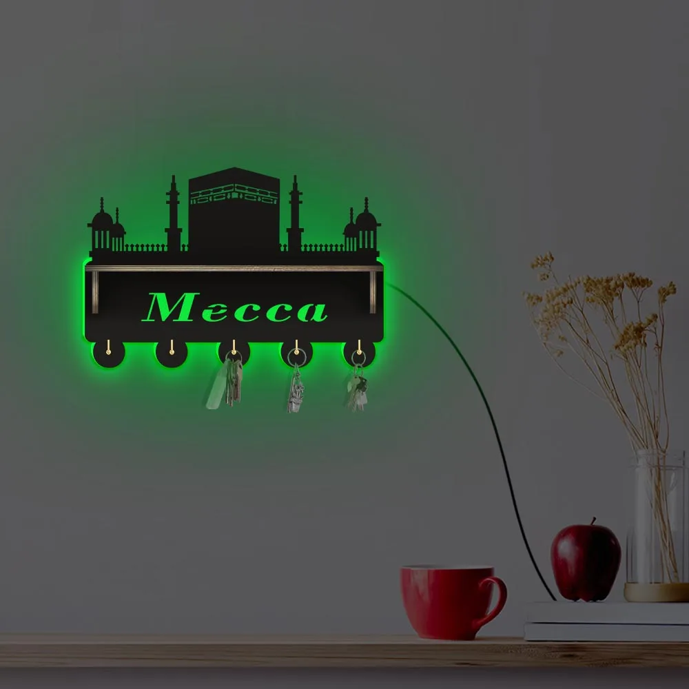 Mecca Skyline Key Holder With 5 Hooks Saudi Arabia Home Decor Key Shelf Holder Sacred Landscape Islam Building Wood Display Rack